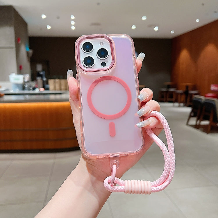 For iPhone 15 Pro Bright Shadow  Magsafe Discoloration Phone Case with Wrist Strap