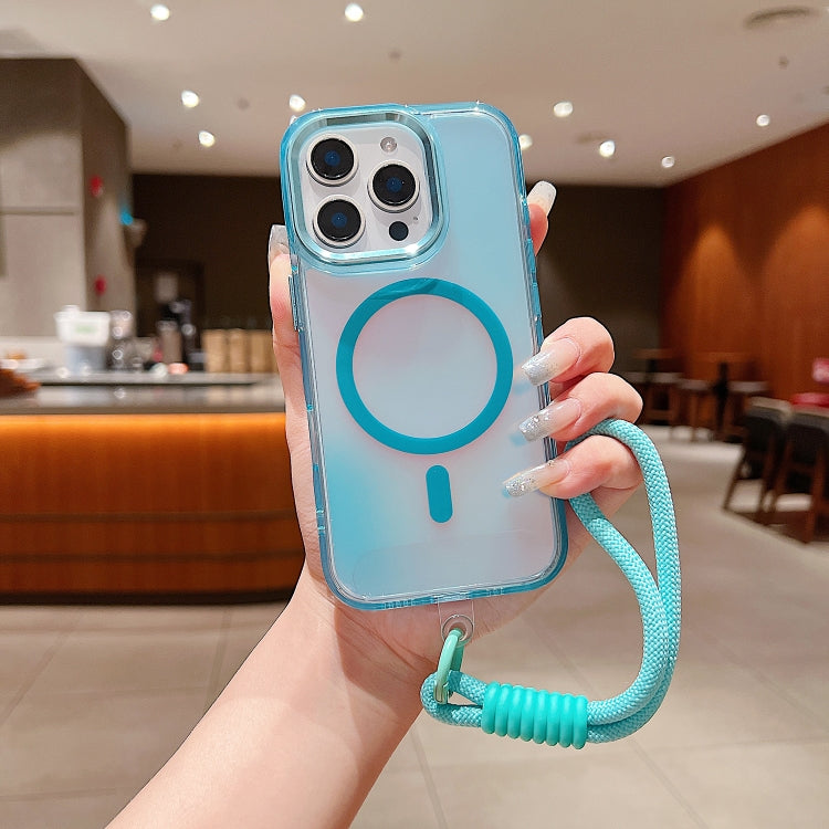 For iPhone 15 Pro Max Bright Shadow  Magsafe Discoloration Phone Case with Wrist Strap
