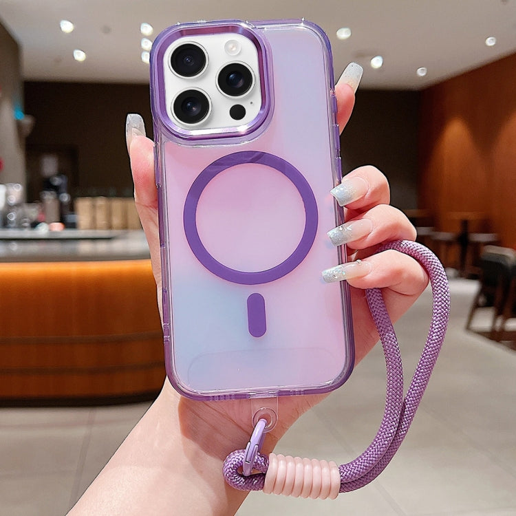 For iPhone 16 Pro Max Bright Shadow  Magsafe Discoloration Phone Case with Wrist Strap