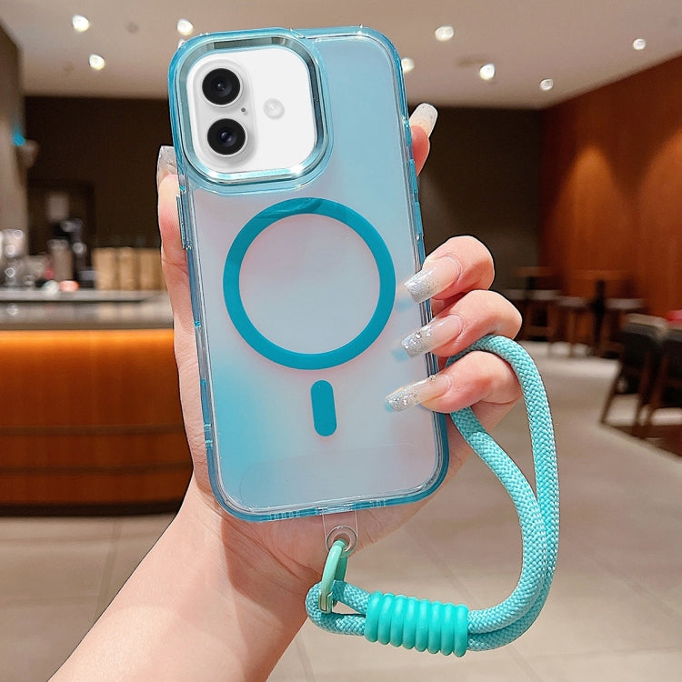 For iPhone 16 Plus Bright Shadow  Magsafe Discoloration Phone Case with Wrist Strap
