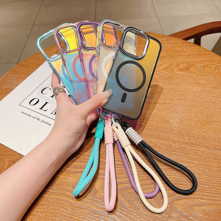For iPhone 12 Pro Max Bright Shadow  Magsafe Discoloration Phone Case with Wrist Strap