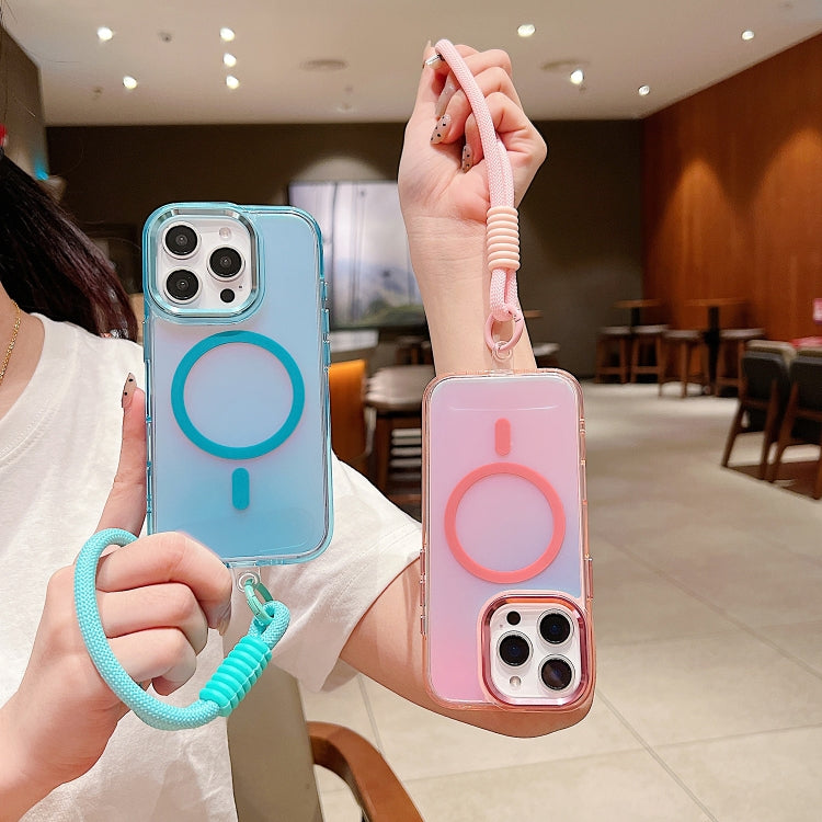 For iPhone 11 Bright Shadow  Magsafe Discoloration Phone Case with Wrist Strap