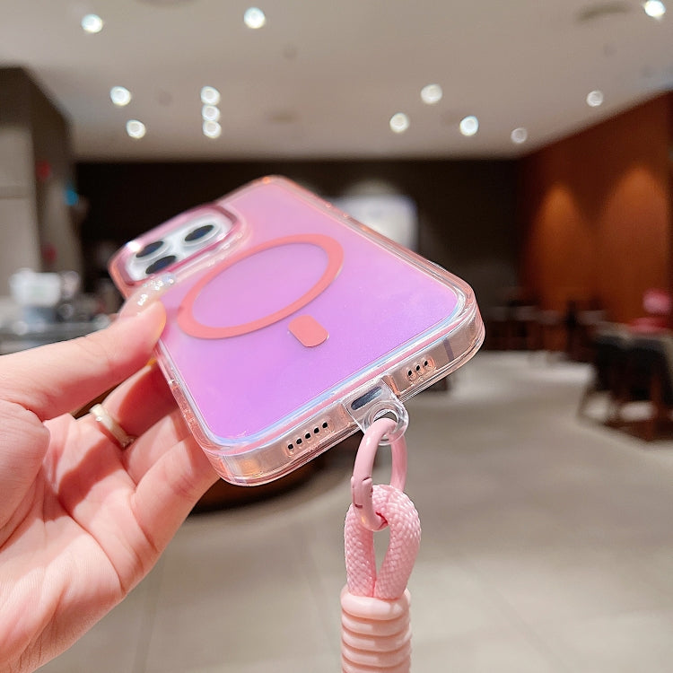 For iPhone 15 Pro Max Bright Shadow  Magsafe Discoloration Phone Case with Wrist Strap