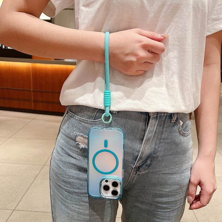 For iPhone 15 Pro Max Bright Shadow  Magsafe Discoloration Phone Case with Wrist Strap