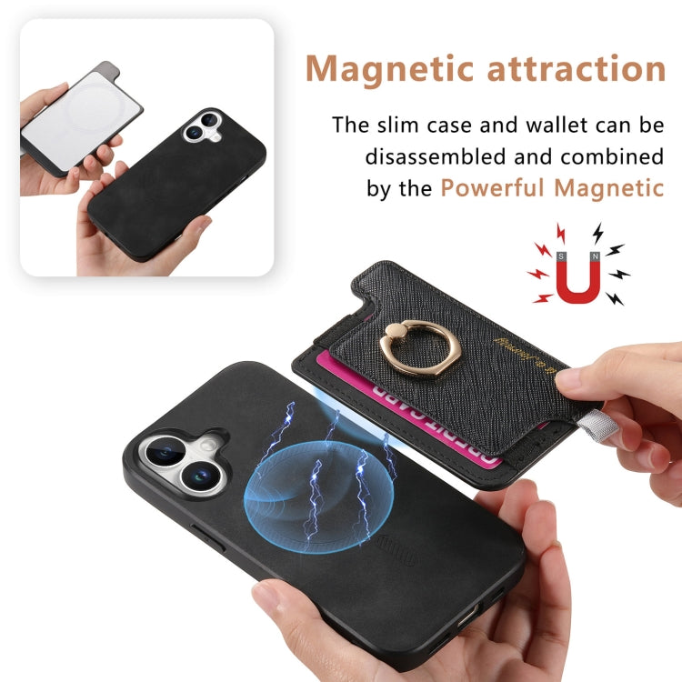 For iPhone 16 Retro Magsafe Cross Leather Ring Holder Card Bag Phone Case