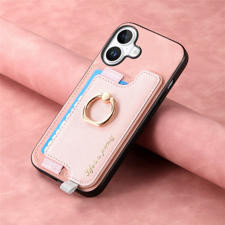 For iPhone 16 Plus Retro Magsafe Cross Leather Ring Holder Card Bag Phone Case
