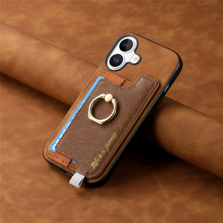 For iPhone 16 Plus Retro Magsafe Cross Leather Ring Holder Card Bag Phone Case