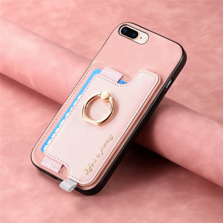 For iPhone 7 Plus / 8 Plus Retro Magsafe Cross Leather Ring Holder Card Bag Phone Case
