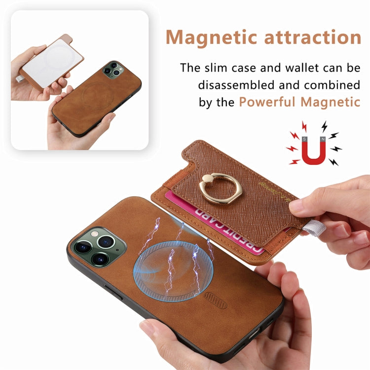 For iPhone 11 Retro Magsafe Cross Leather Ring Holder Card Bag Phone Case