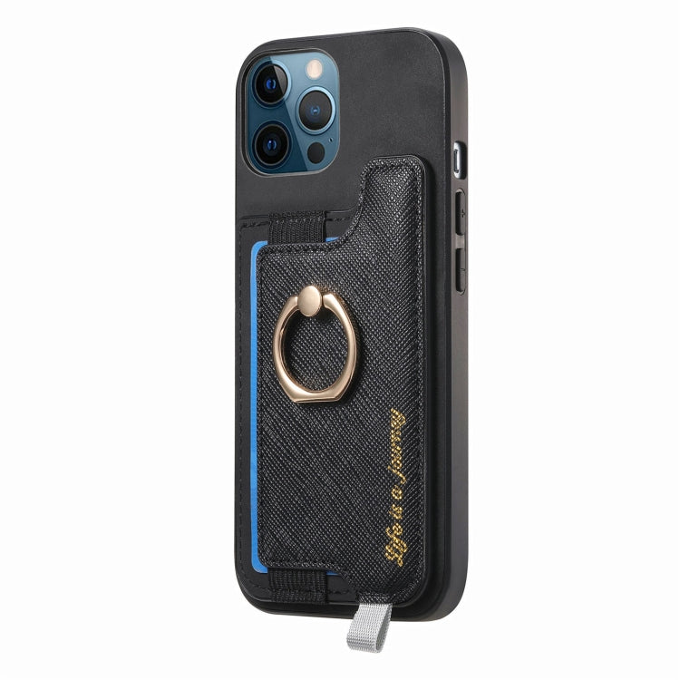 For iPhone 12 / 12 Pro Retro Magsafe Cross Leather Ring Holder Card Bag Phone Case