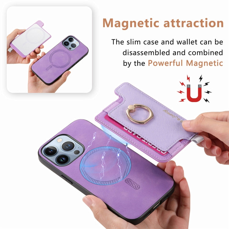 For iPhone 13 Pro Retro Magsafe Cross Leather Ring Holder Card Bag Phone Case