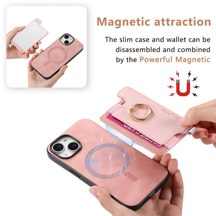 For iPhone 14 Retro Magsafe Cross Leather Ring Holder Card Bag Phone Case