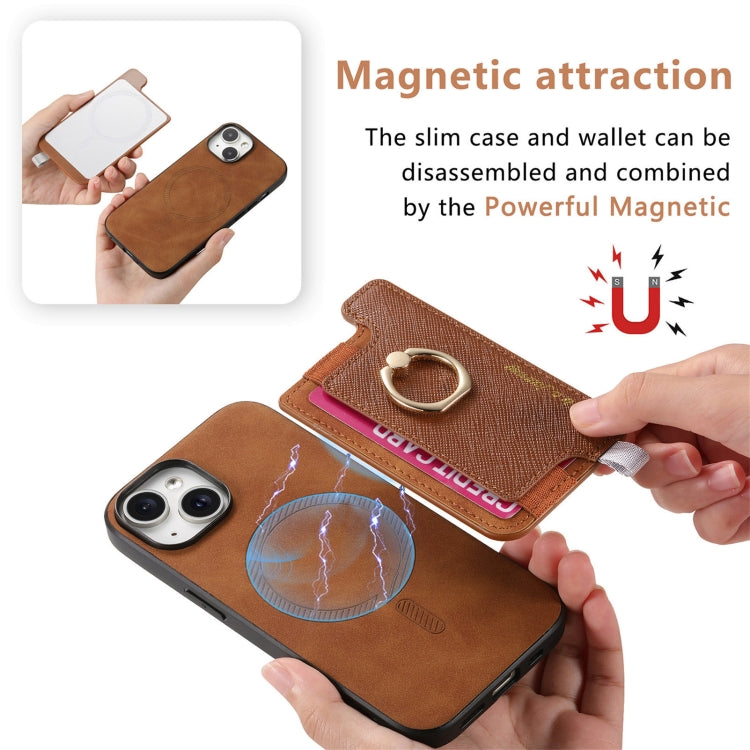 For iPhone 14 Retro Magsafe Cross Leather Ring Holder Card Bag Phone Case