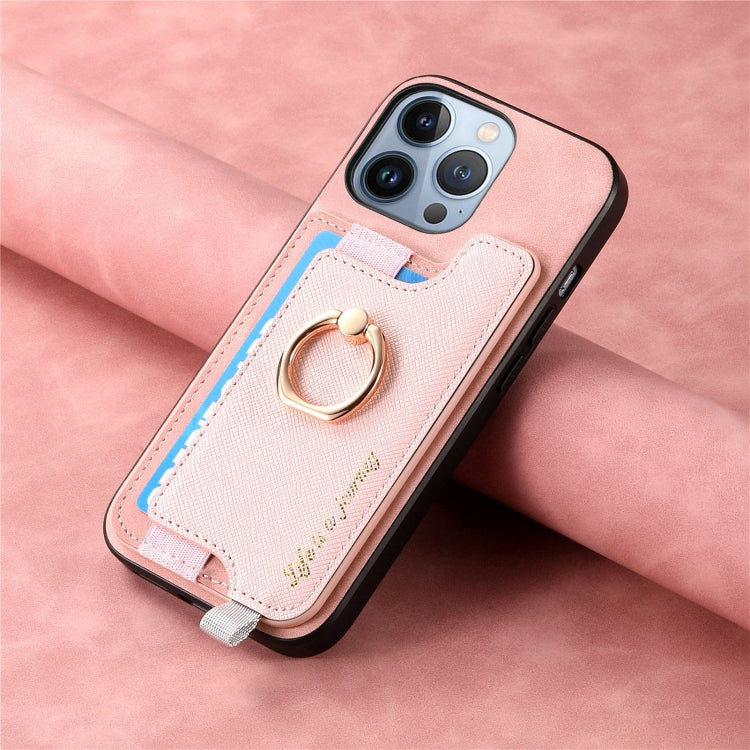 For iPhone 14 Pro Retro Magsafe Cross Leather Ring Holder Card Bag Phone Case