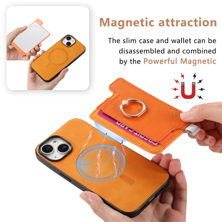 For iPhone 14 Plus Retro Magsafe Cross Leather Ring Holder Card Bag Phone Case