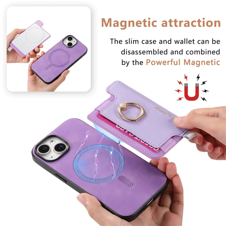 For iPhone 14 Plus Retro Magsafe Cross Leather Ring Holder Card Bag Phone Case