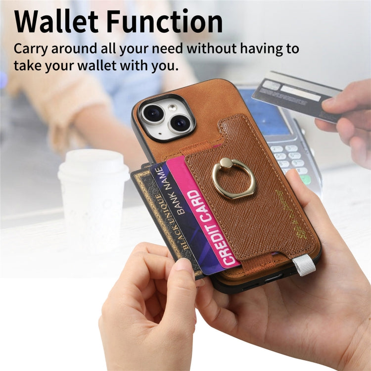 For iPhone 14 Plus Retro Magsafe Cross Leather Ring Holder Card Bag Phone Case