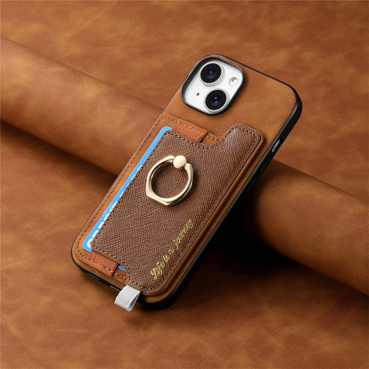 For iPhone 14 Plus Retro Magsafe Cross Leather Ring Holder Card Bag Phone Case