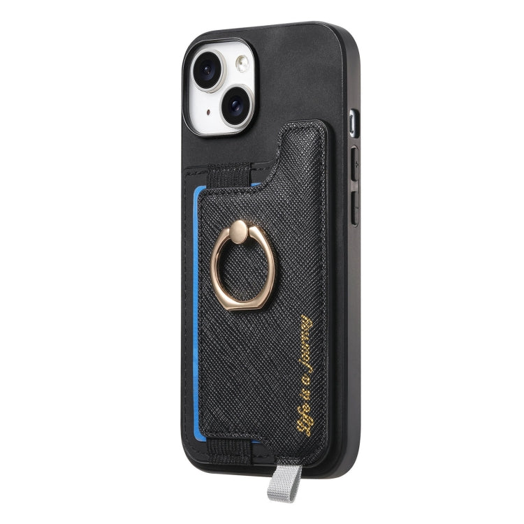 For iPhone 14 Plus Retro Magsafe Cross Leather Ring Holder Card Bag Phone Case