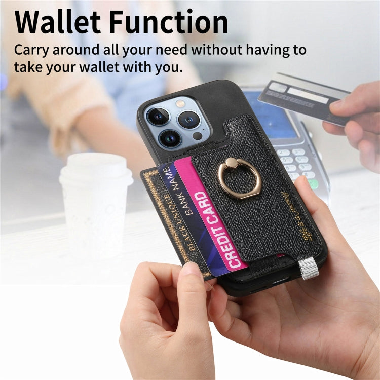 For iPhone 14 Pro Max Retro Magsafe Cross Leather Ring Holder Card Bag Phone Case