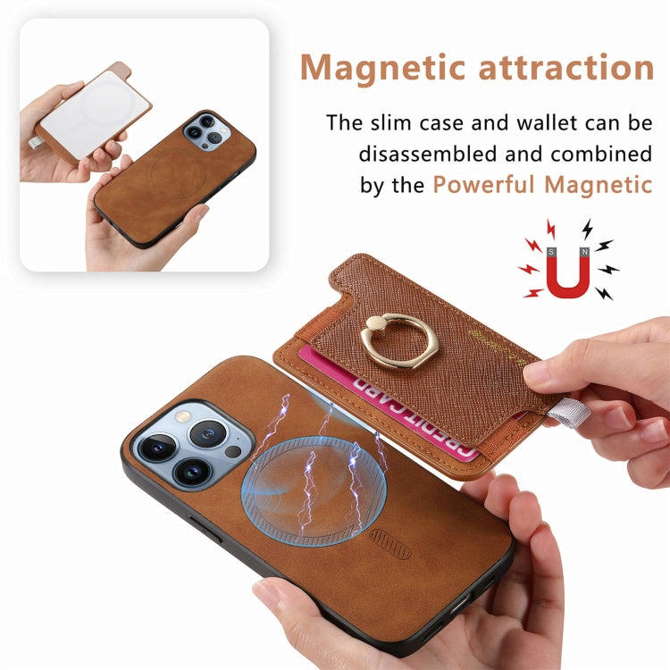 For iPhone 15 Retro Magsafe Cross Leather Ring Holder Card Bag Phone Case