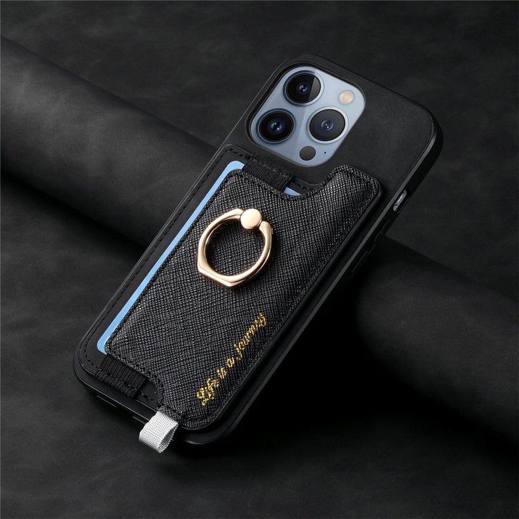 For iPhone 15 Retro Magsafe Cross Leather Ring Holder Card Bag Phone Case