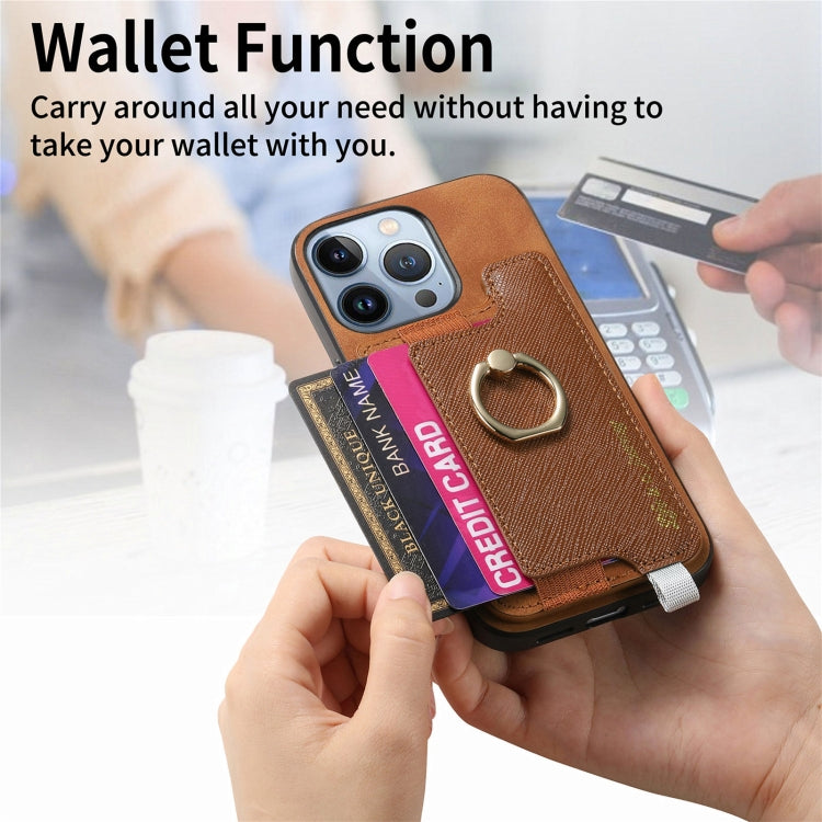 For iPhone 15 Plus Retro Magsafe Cross Leather Ring Holder Card Bag Phone Case