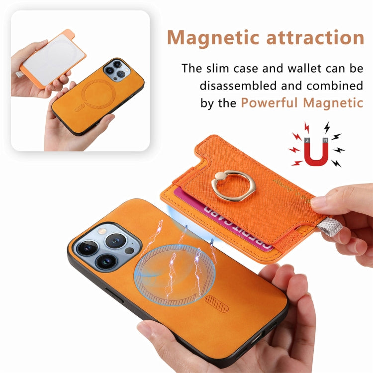 For iPhone 15 Pro max Retro Magsafe Cross Leather Ring Holder Card Bag Phone Case