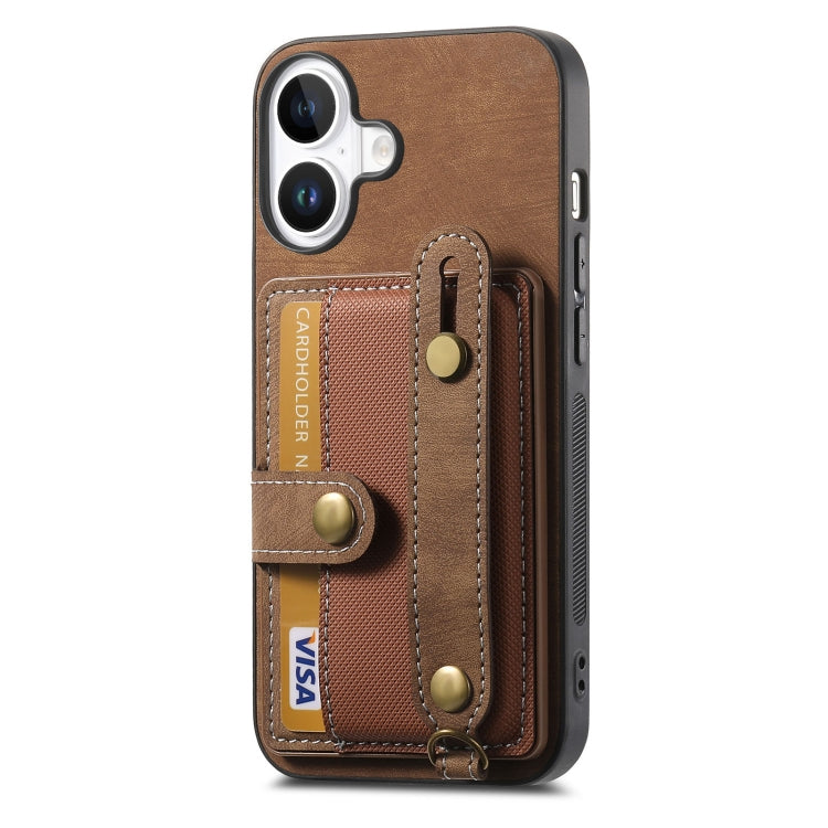 For iPhone 16 Retro Cross Wristband Wallet Leather Back Phone Case
