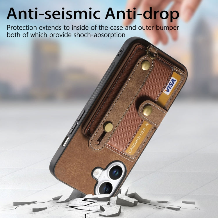 For iPhone 16 Retro Cross Wristband Wallet Leather Back Phone Case