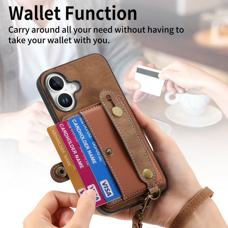 For iPhone 16 Retro Cross Wristband Wallet Leather Back Phone Case