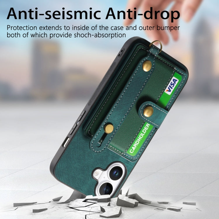 For iPhone 16 Retro Cross Wristband Wallet Leather Back Phone Case