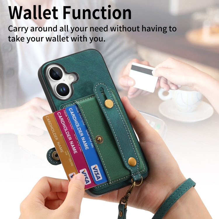 For iPhone 16 Retro Cross Wristband Wallet Leather Back Phone Case