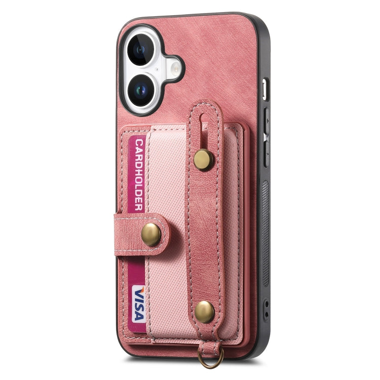 For iPhone 16 Retro Cross Wristband Wallet Leather Back Phone Case
