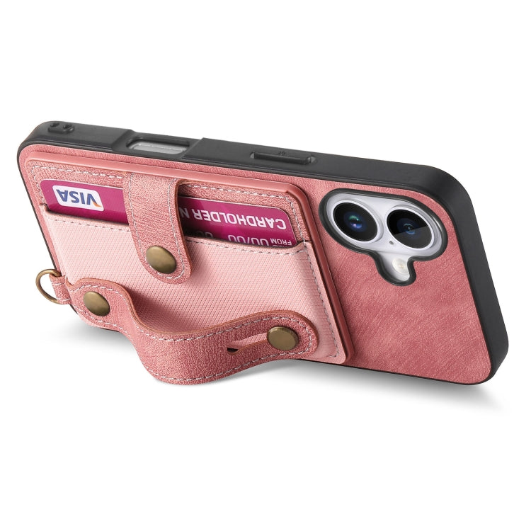 For iPhone 16 Retro Cross Wristband Wallet Leather Back Phone Case