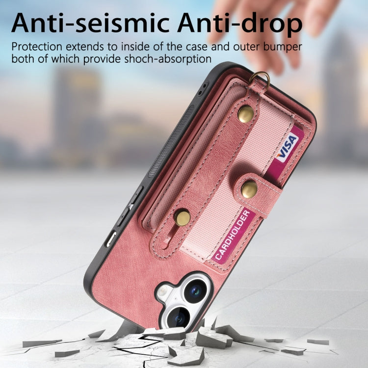 For iPhone 16 Retro Cross Wristband Wallet Leather Back Phone Case