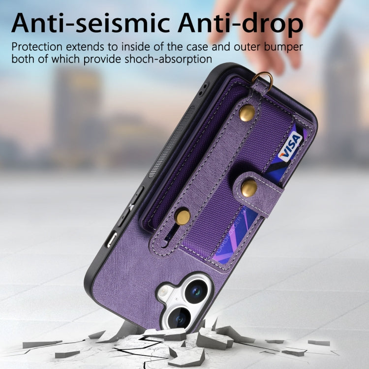 For iPhone 16 Retro Cross Wristband Wallet Leather Back Phone Case
