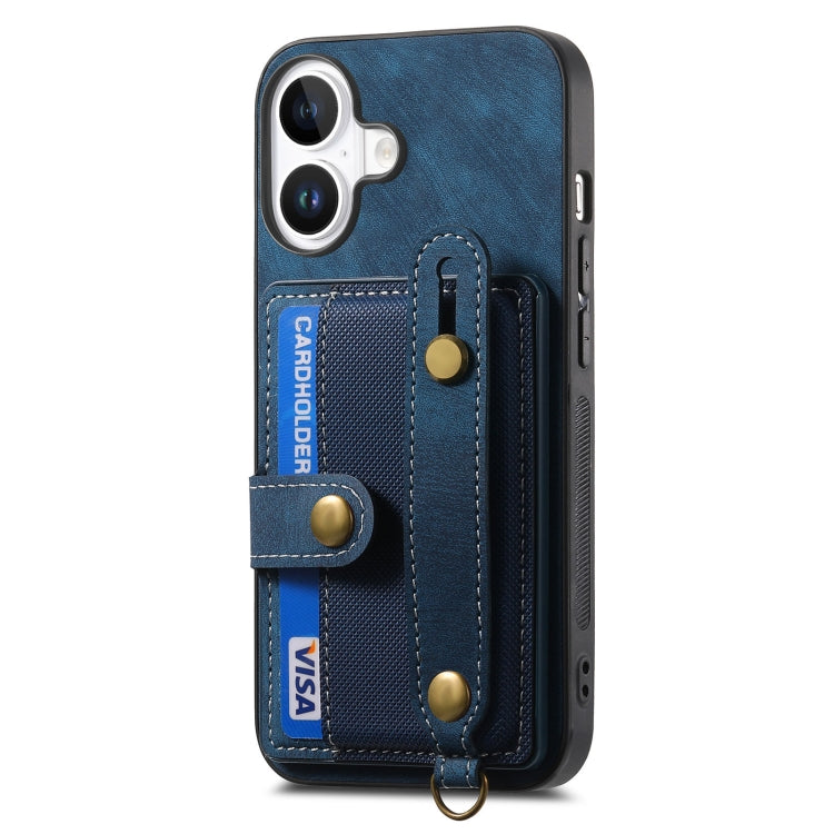 For iPhone 16 Retro Cross Wristband Wallet Leather Back Phone Case