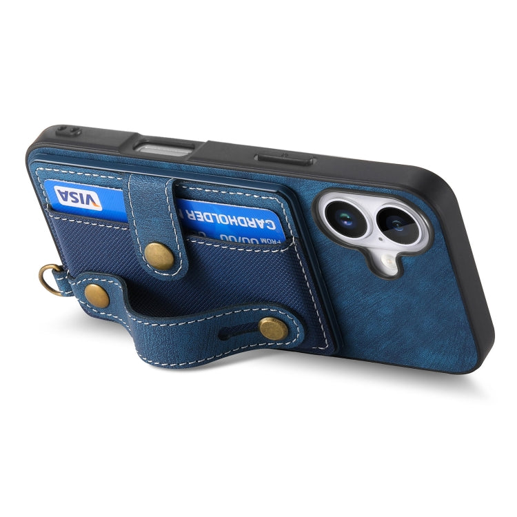 For iPhone 16 Retro Cross Wristband Wallet Leather Back Phone Case