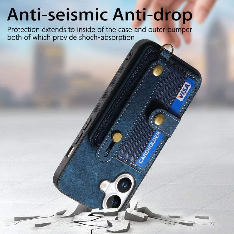 For iPhone 16 Retro Cross Wristband Wallet Leather Back Phone Case