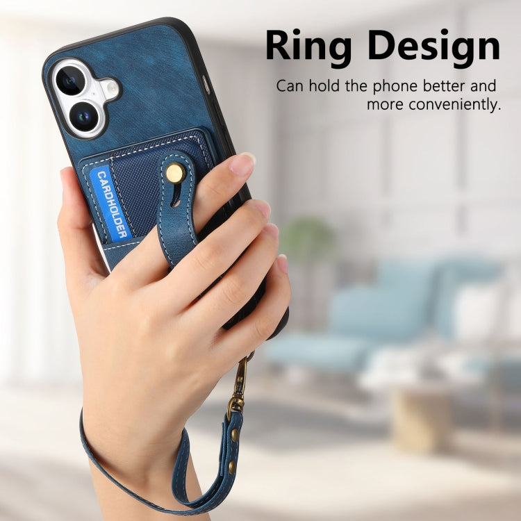For iPhone 16 Retro Cross Wristband Wallet Leather Back Phone Case