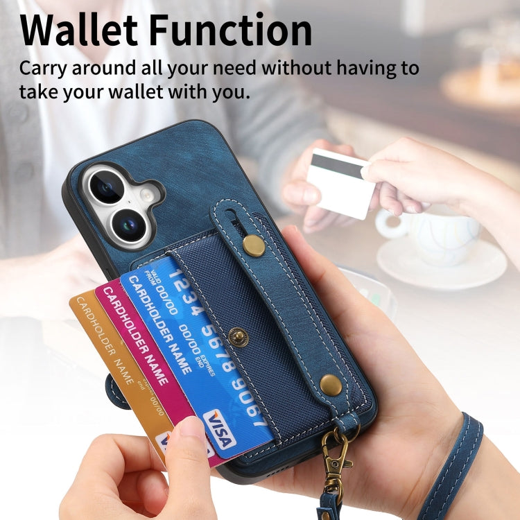 For iPhone 16 Retro Cross Wristband Wallet Leather Back Phone Case