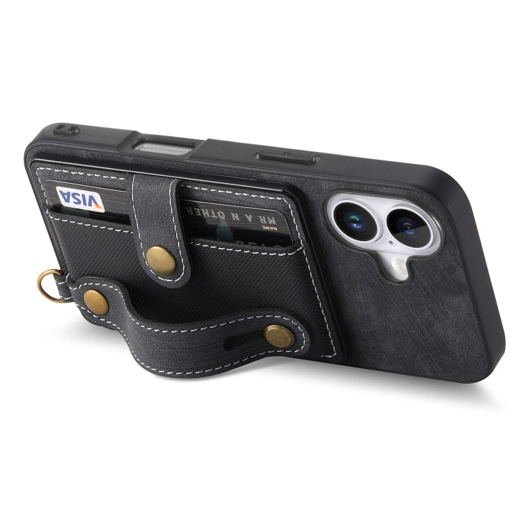 For iPhone 16 Retro Cross Wristband Wallet Leather Back Phone Case