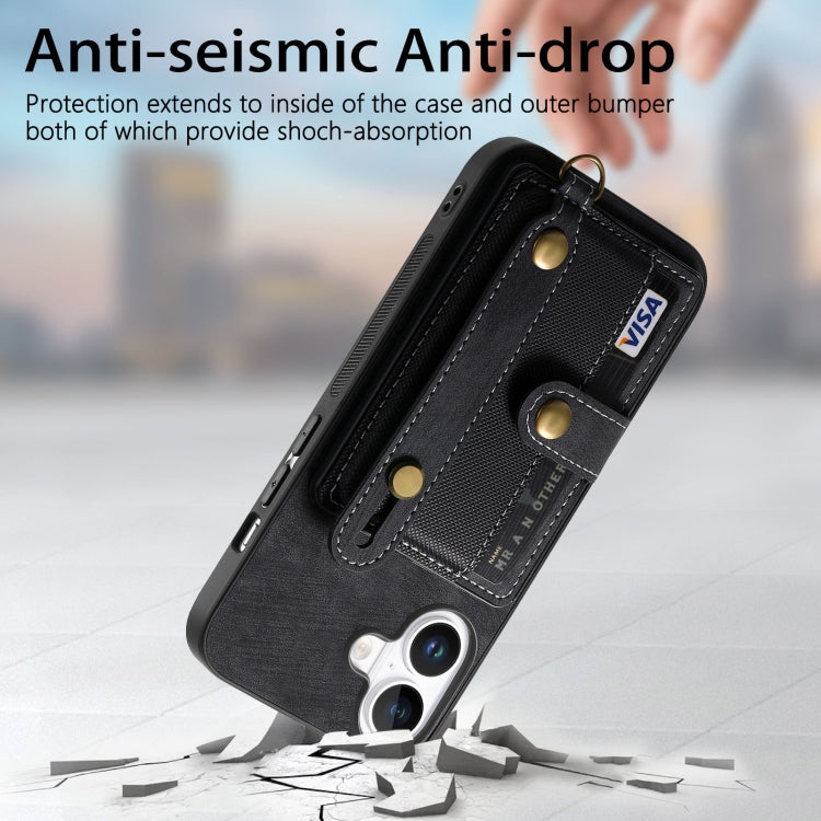For iPhone 16 Retro Cross Wristband Wallet Leather Back Phone Case