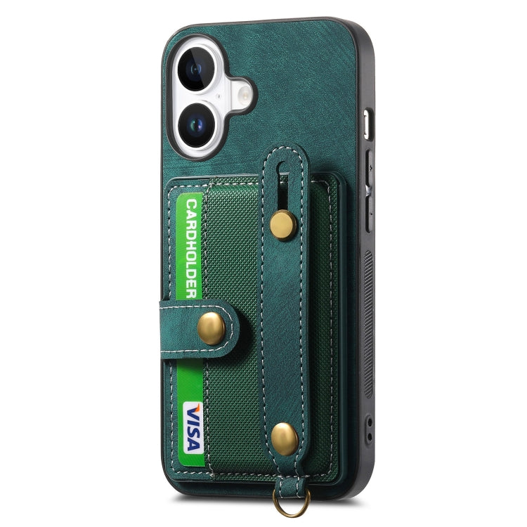 For iPhone 16 Plus Retro Cross Wristband Wallet Leather Back Phone Case