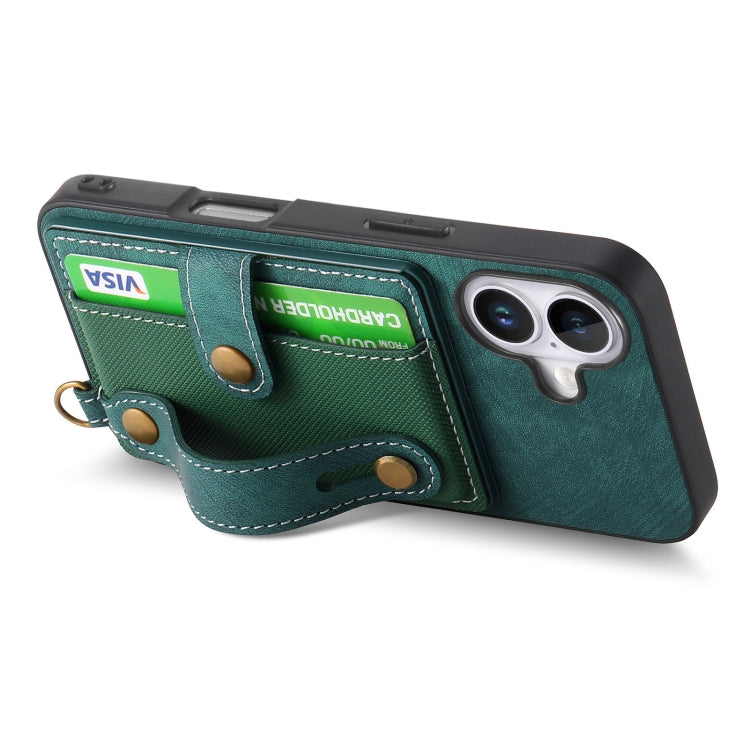 For iPhone 16 Plus Retro Cross Wristband Wallet Leather Back Phone Case