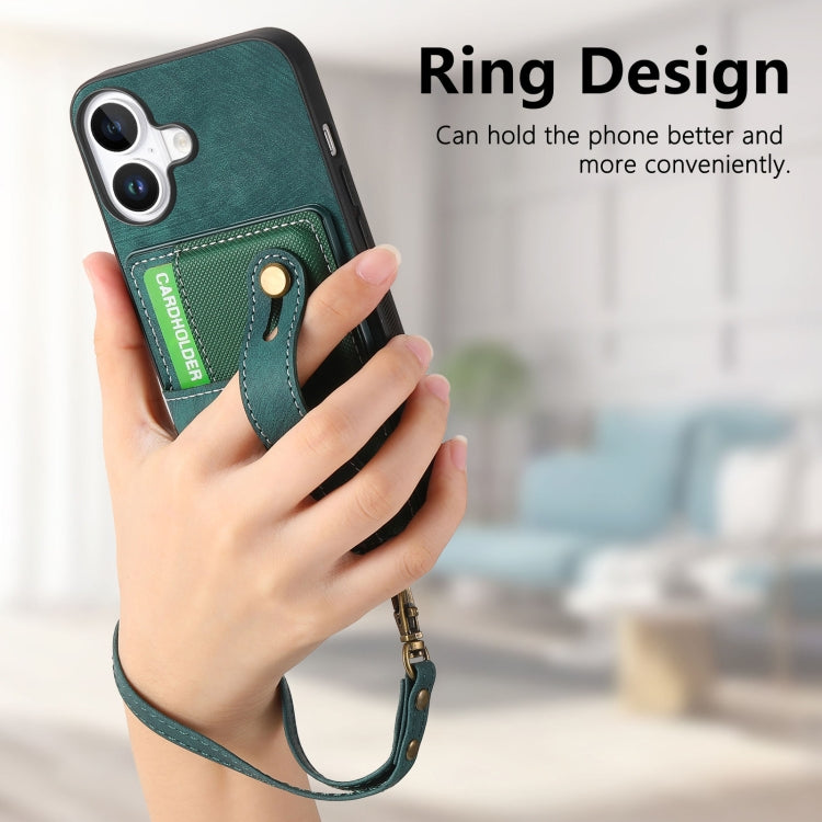 For iPhone 16 Plus Retro Cross Wristband Wallet Leather Back Phone Case