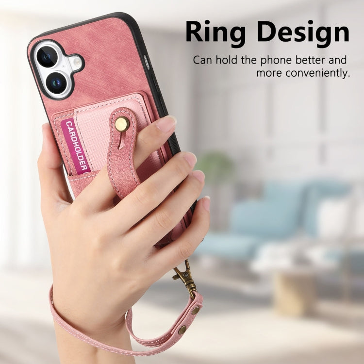 For iPhone 16 Plus Retro Cross Wristband Wallet Leather Back Phone Case