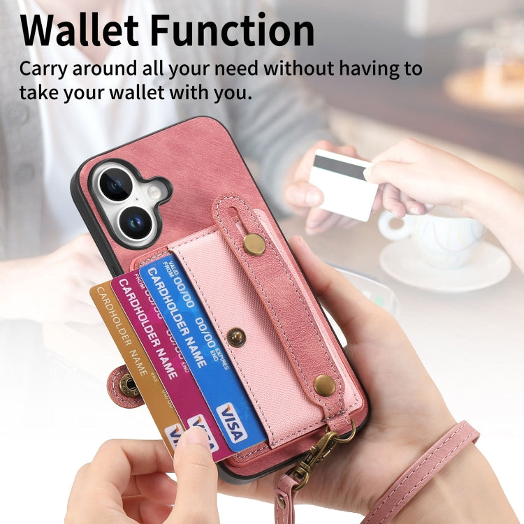 For iPhone 16 Plus Retro Cross Wristband Wallet Leather Back Phone Case