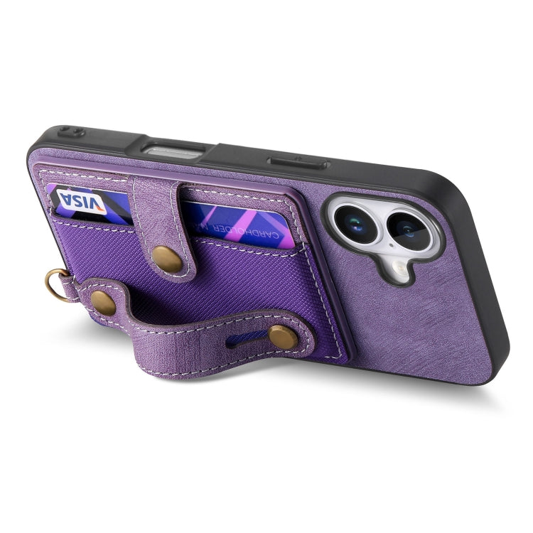 For iPhone 16 Plus Retro Cross Wristband Wallet Leather Back Phone Case